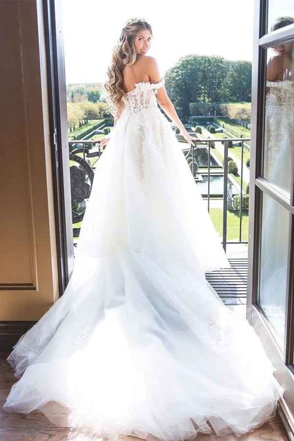 Lace Appliques Off The Shoulder Modest Tulle Princess Wedding Dress,MW363