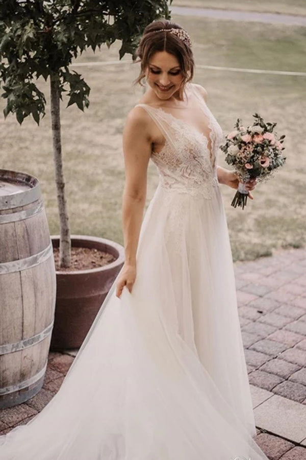 Graceful Ivory Beaded Deep V Illusion A-Line Wedding Gown Lace Wedding – Musebridals