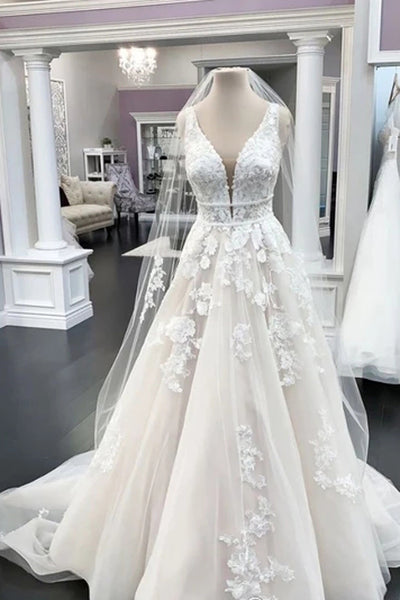 Deep V-neck Illusion Appliqued Wedding Gown Ivory Organze Lace Wedding Dress,MW367