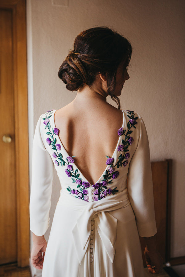 Simple Cornflower A-line Ivory Satin Embroidery Long Sleeves Wedding D Musebridals Simple Cornflower A-line Ivory Satin Embroidery Long Sleeves Wedding D Musebridals