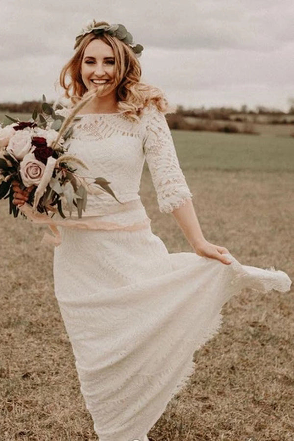 Ivory A-line Lace Bateau Neck 3/4 Sleeves Bridal Dresses Floor-length Wedding Dresses,MW374 Ivory A-line Lace Bateau Neck 3/4 Sleeves Bridal Dresses Floor-length Wedding Dresses,MW374