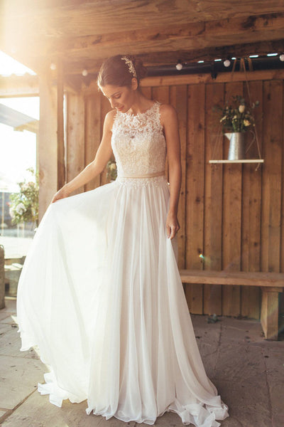 A-Line Chiffon Wedding Dresses Ivory Appliques With Beadings See Through Wedding Gowns,MW375
