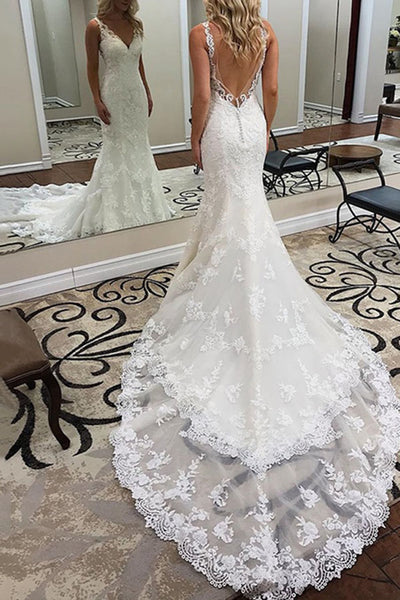 Elegant Mermaid V-neck Open Back Lace Wedding Dresses with Court Train,MW380 Elegant Mermaid V-neck Open Back Lace Wedding Dresses with Court Train,MW380