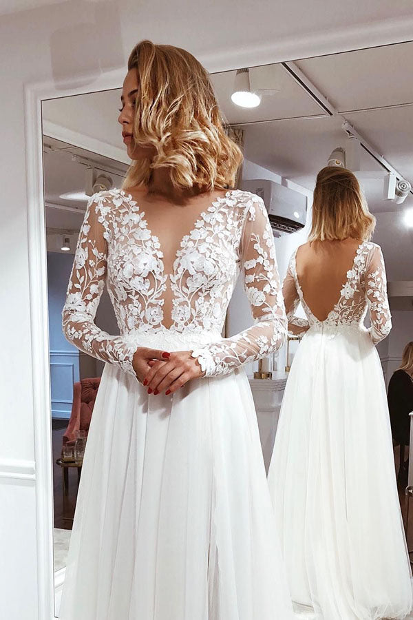 Simple A-line V-neck Open Back Ivory Lace Long Sleeves Wedding Dresses,MW381