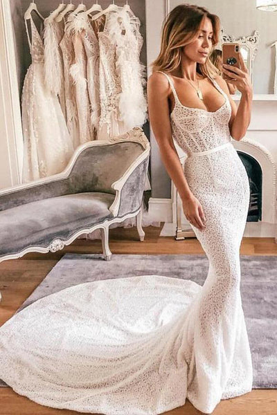 Boho Mermaid Scoop Neck Open Back Ivory Lace Wedding Dresses with