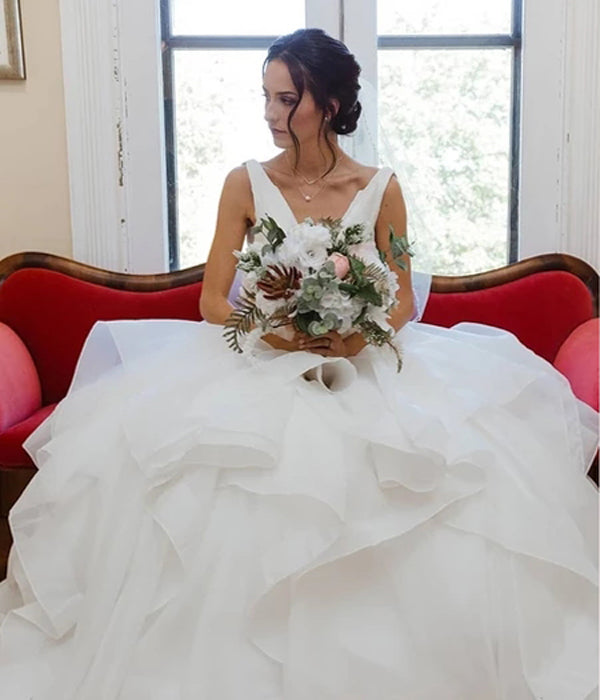 Organza V-neck Ball Gown Wedding Dress with Ruffles Beadings Sash Bridal Dress,MW386 | musebridals.com