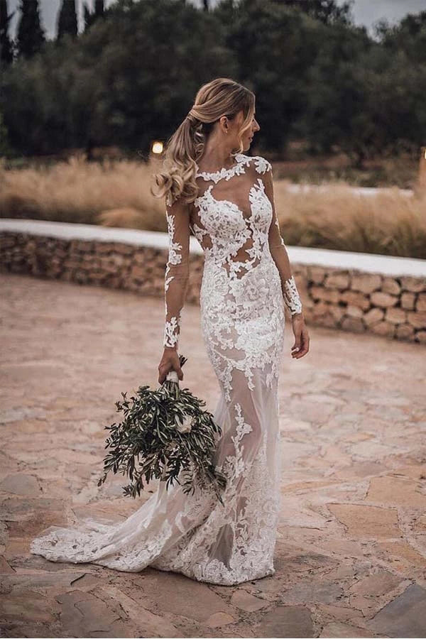 Lace Appliques See Though Mermaid Rustic Wedding With Sleeves,MW388