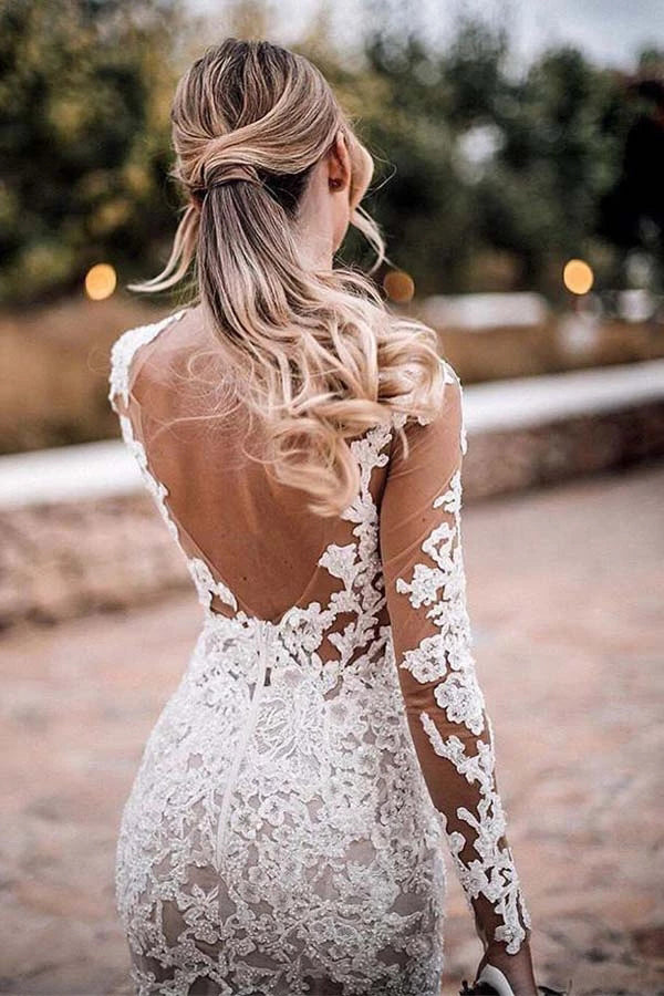 Lace Appliques See Though Mermaid Rustic Wedding With Sleeves,MW388 | musebridals.com