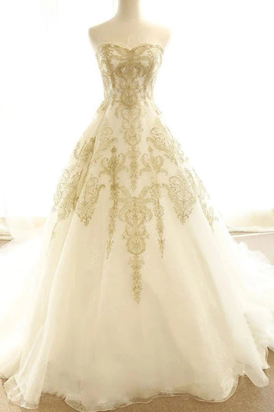 white and gold wedding dresses Ivory Gold Appliques Wedding Dresses Sweep/Brush Train Bridal Gown,MW3 –  Musebridals