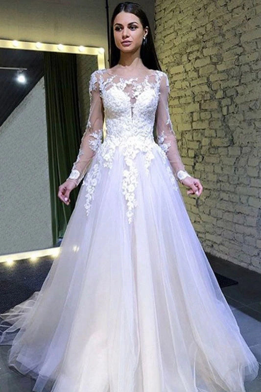 Tulle A-line Long Sleeves Round Neck Lace Appliques Wedding Dresses,MW395