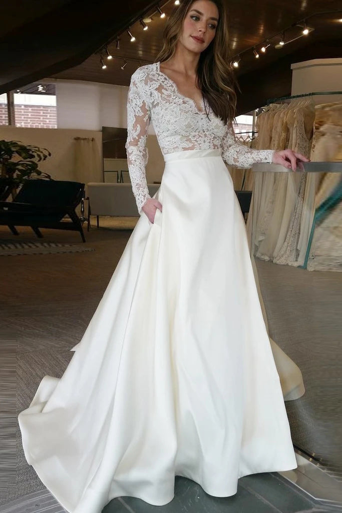 Elegant A-line V-neck Long Sleeves White Floor-length Wedding Dress With Lace,MW397