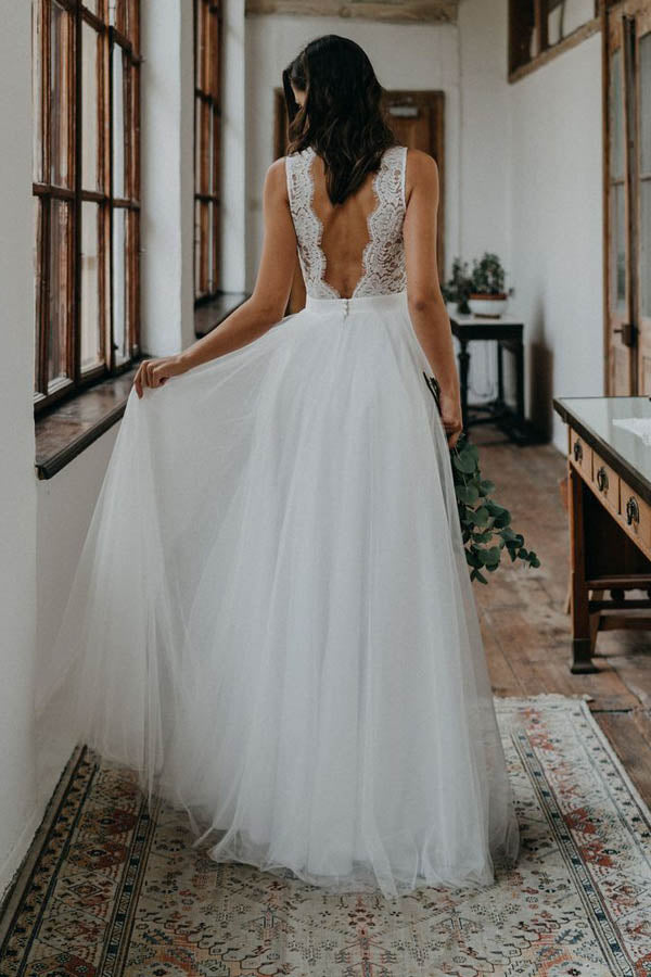 Simple A-ine V-neck Open Back Tulle & Lace Wedding Dresses,Beach Wedding Dresses,MW400 | musebridals.com