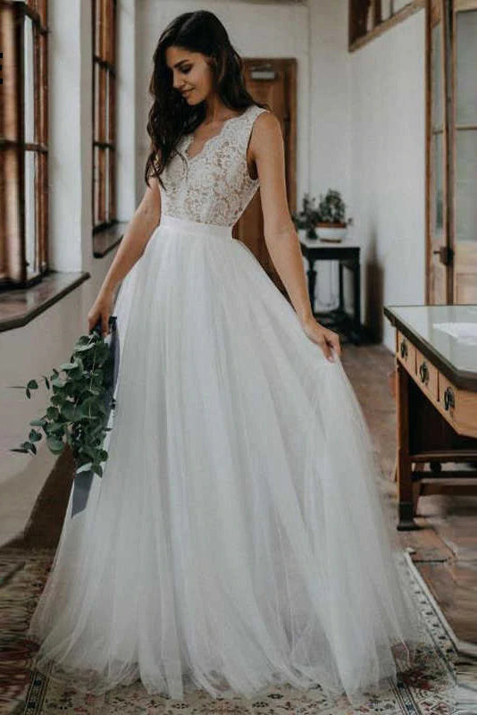 Simple A-ine V-neck Open Back Tulle & Lace Wedding Dresses,Beach Weddi – Musebridals