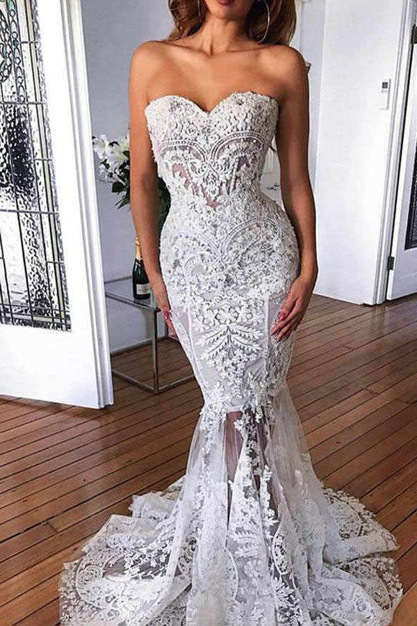 Elegant Lace Mermaid Open Back Beaded Long Wedding Dresses with Appliq ...