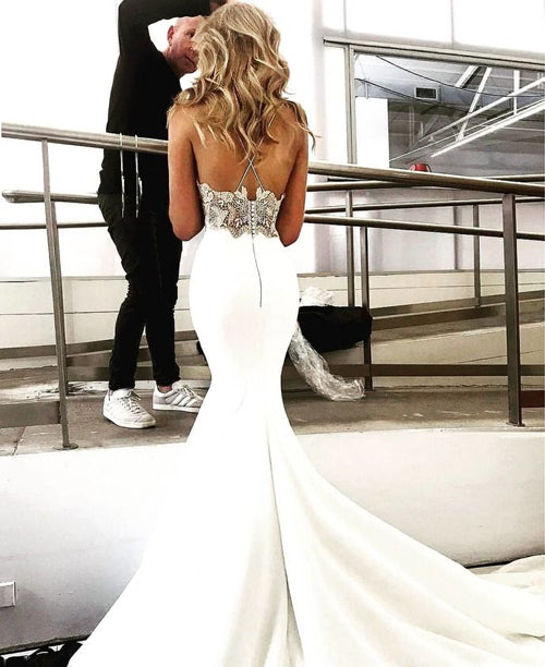 Mermaid V-neck Spaghetti Straps Soft Satin Lace Wedding Dresses,Beach – Musebridals