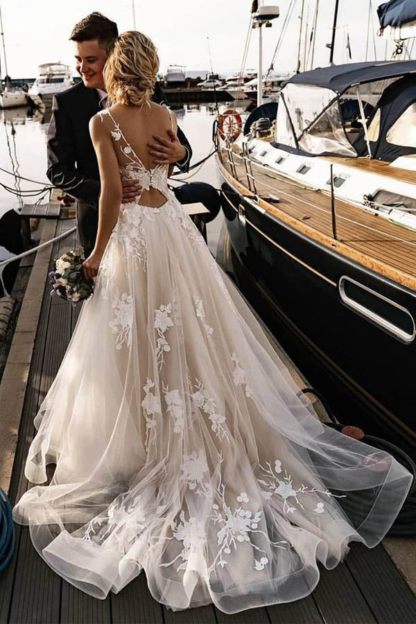 Floral Applique Beach Wedding Dresses Backless Boho Wedding Gown,MW408