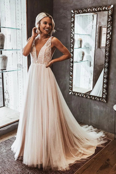 Elegant V-neck Open Back Lace Wedding Dresses, Simple Wedding Dresses,MW411