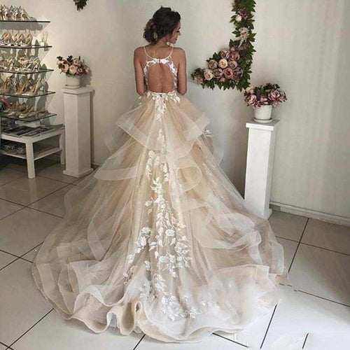 Elegant V-neck Spaghetti Straps Ruffled Tulle Lace Long Wedding Dresses,MW413 | musebridals.com
