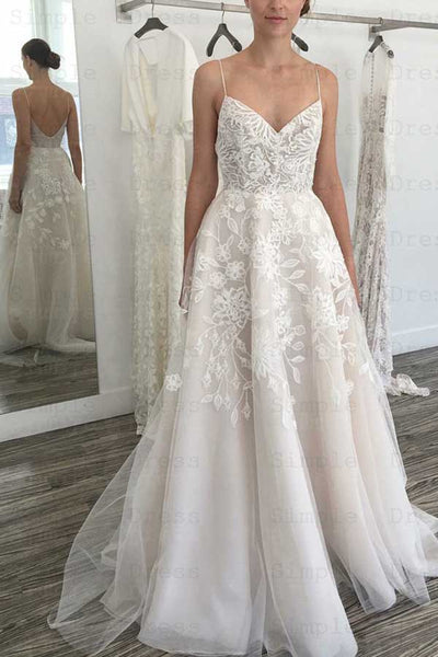 Simple Sweetheart Spaghetti Straps Ivory Wedding Dresses with Lace,Appliques with Wedding Gowns,MW415