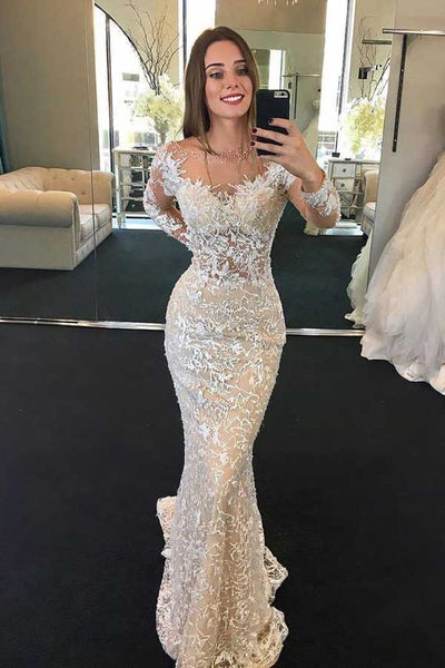 Gorgeous Mermaid Round Neck Long Sleeves Lace Wedding Dresses,Wedding Dresses with Beading,MW416