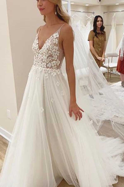 Ivory Tulle Lace Deep V-neck Wedding Dresses With Train, Bridal Gowns, MW820