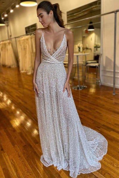 Gorgeous V-neck Spaghetti Straps Sequins Wedding Dresses with Train,Boho Beach Wedding Dresses,MW418