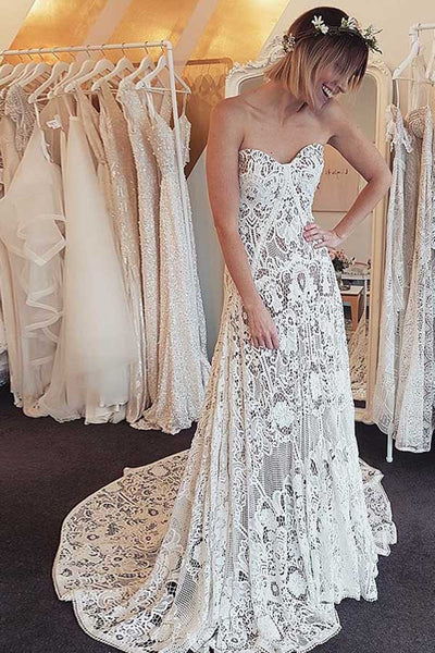 Elegant Mermaid Sweetheart Lace Long Wedding Dresses,Boho Beach Wedding Dresses,MW419