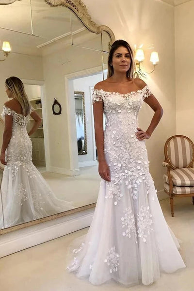 Off Shoulder Lace Mermaid Long Wedding Dresses Online,Cheap Bridal Dresses,MW424
