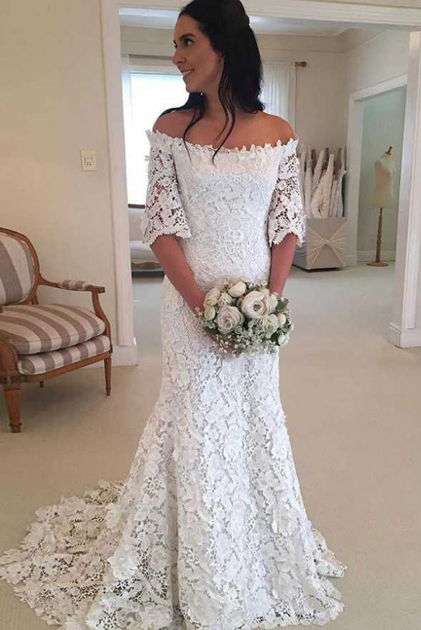 Off Shoulder Lace Short Sleeves Cheap Wedding Dresses Online,Cheap Bridal Dresses,MW425