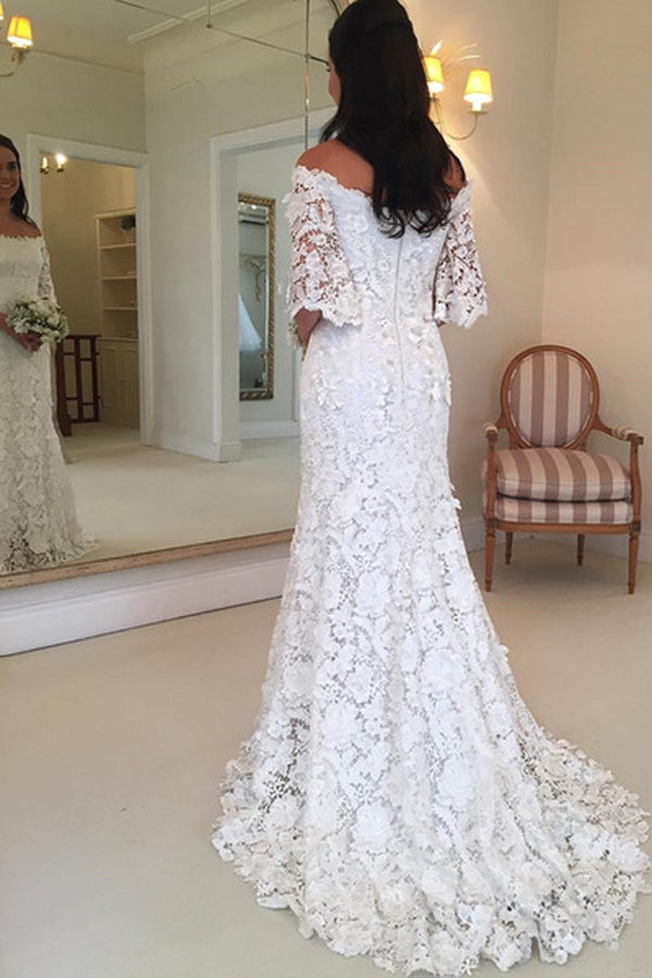 Off Shoulder Lace Short Sleeves Cheap Wedding Dresses Online,Cheap Bridal Dresses,MW425 | musebridals.com
