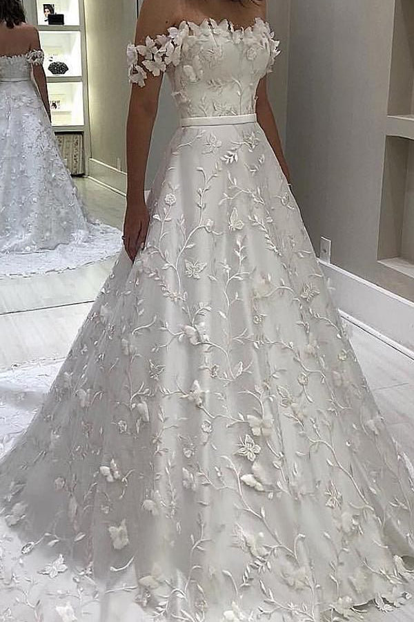 Off Shoulder A-line Lace Long Wedding Dresses Online,Cheap Bridal Dresses,MW426