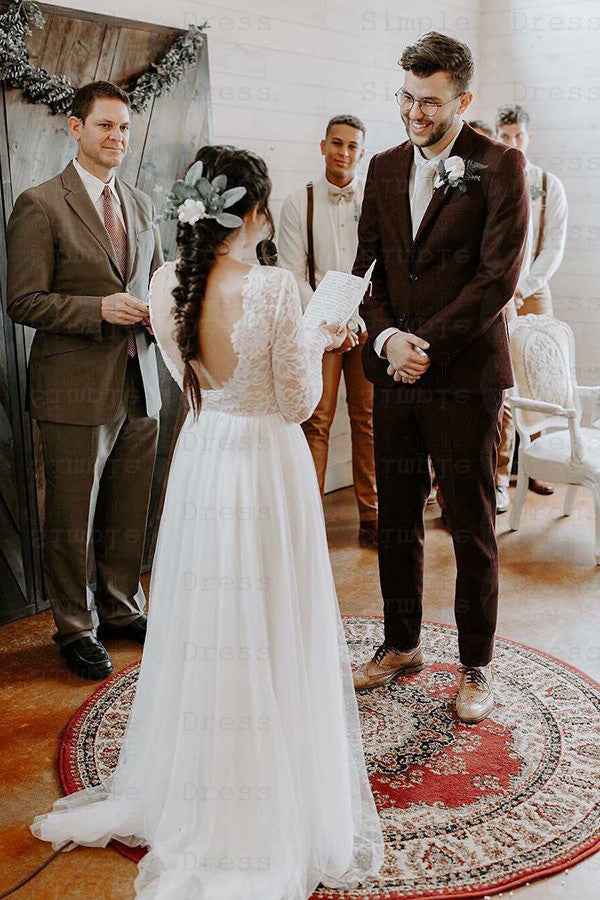 Boho A-Line Round Neck Long Sleeves Backless Wedding Dress with Lace,M – Musebridals