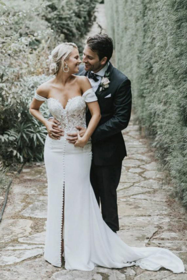 Off The Shoulder Mermaid Sweetheart Chiffon Wedding Dress with Split,M – Musebridals