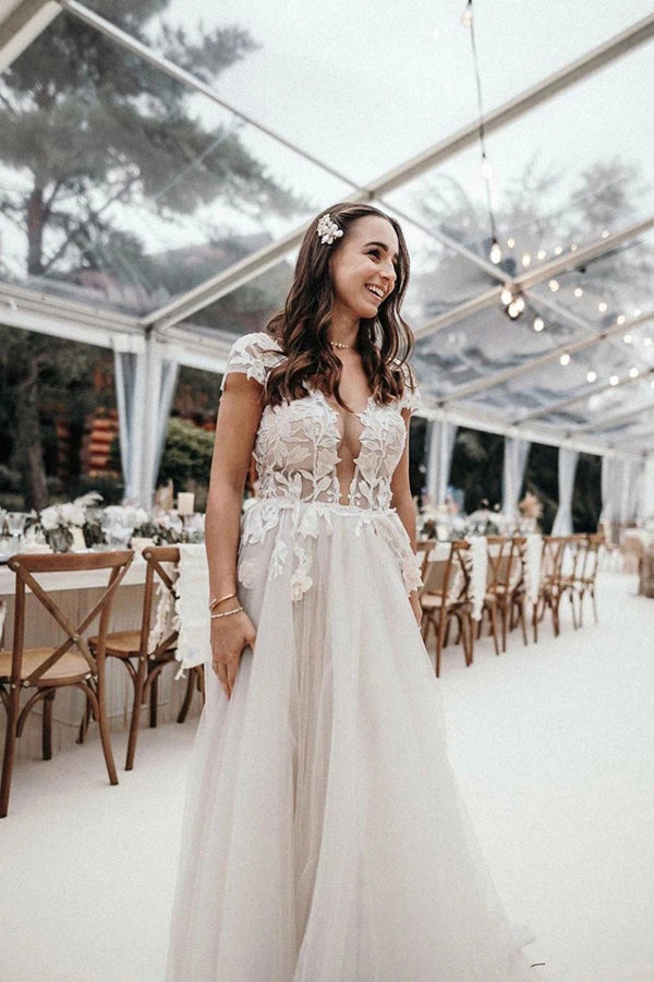Cap Sleeves Deep V-neck Lace Appliques A-Line Rustic Wedding Dress,MW4 Musebridals Cap Sleeves Deep V-neck Lace Appliques A-Line Rustic Wedding Dress,MW4 Musebridals