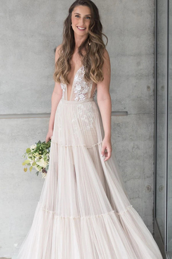 Embroidery A-Line Appliques V-neck Bohemain Tulle Wedding Dress,MW441