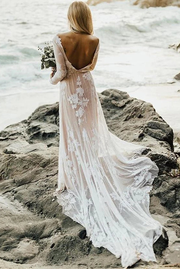 Wonderful Backless A-line Long Sleeves Wedding Dress Boho Bridal Gowns,MW448