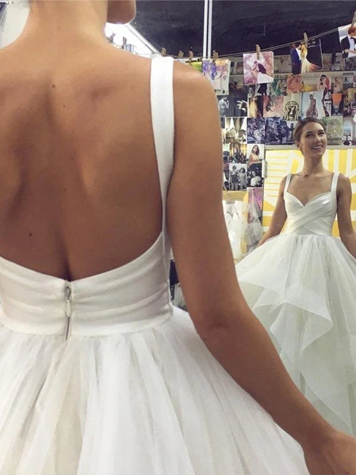 Tulle Ball Gown Wedding Dress with Straps Backless V-neck Bridal Gown,MW450 | musebridals.com