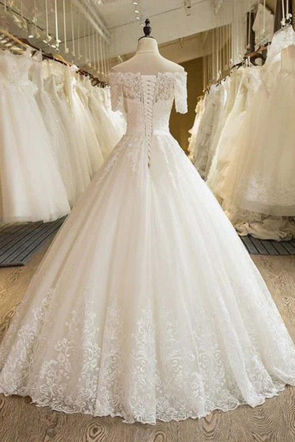 Beautiful Wedding Dresses Off-the-shoulder Ball Gown Lace Ivory Bridal Gown,MW453 | musebridals.com