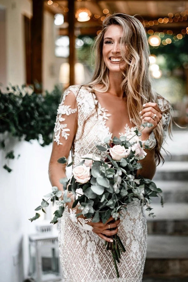 Bateau Unique Lace Wedding Dresses Mermaid long Sleeves Open Back Gown Musebridals Bateau Unique Lace Wedding Dresses Mermaid long Sleeves Open Back Gown Musebridals