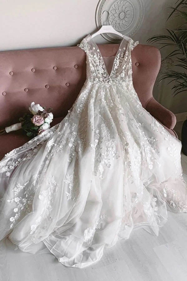 White Tulle V-neck Sleeveless Open Back Long Lace Flower Wedding Dresses,MW462