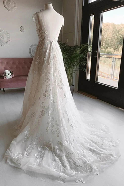 White Tulle V-neck Sleeveless Open Back Long Lace Flower Wedding Dresses,MW462 | musebridals.com