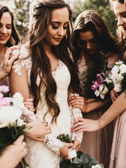 Elegant Mermaid Wedding Dresses Long Sleeves V-neck Lace Bridal Gowns,MW467