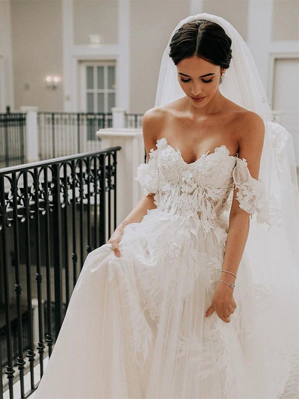 Tulle Off the shoulder A-line Sweep Train Wedding Dresses With Appliqu Musebridals Tulle Off the shoulder A-line Sweep Train Wedding Dresses With Appliqu Musebridals