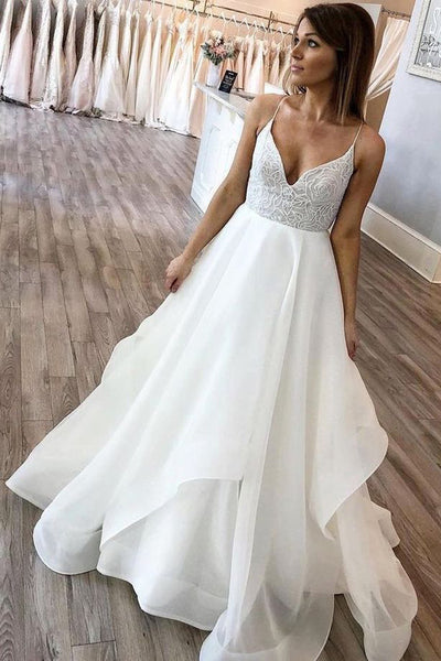 Ball Gown V-neck Spaghetti Straps Ivory Wedding Dresses,Lace Wedding Dresses,MW475