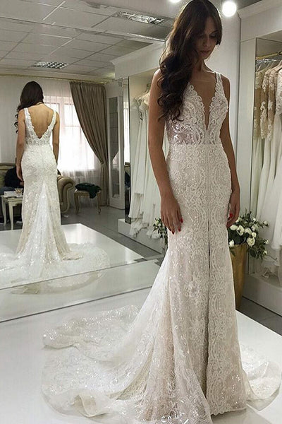 Gorgeous Mermaid V-neck Lace Long Wedding Dresses,Sparkly Slit Wedding Dresses with Train,MW476