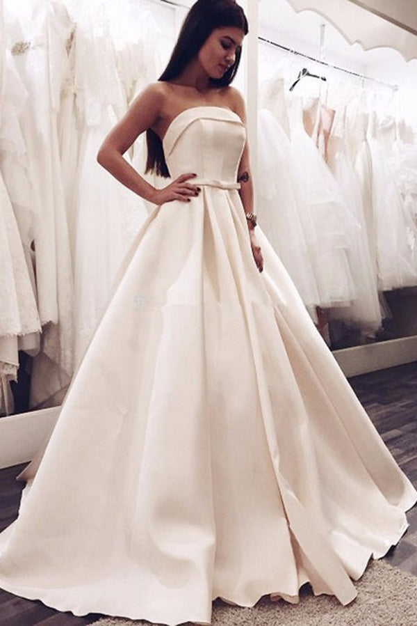 Elegant Ball Gown Strapless Satin Long Wedding Dresses with Bow,Cute Wedding Dresses,MW478