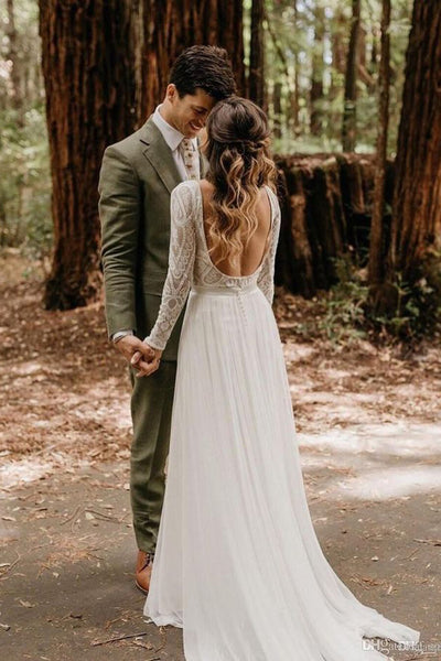 Elegant Scoop Long Sleeve Chiffon Wedding Dresses with Lace Backless I Musebridals Elegant Scoop Long Sleeve Chiffon Wedding Dresses with Lace Backless I Musebridals
