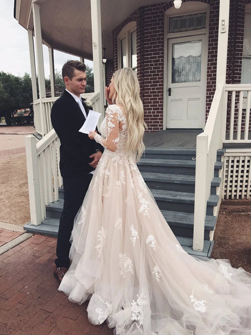 Tulle A-line V-neck Long Sleeve Lace Wedding Dresses with Train Prom Dress,MW483 | musebridals.com