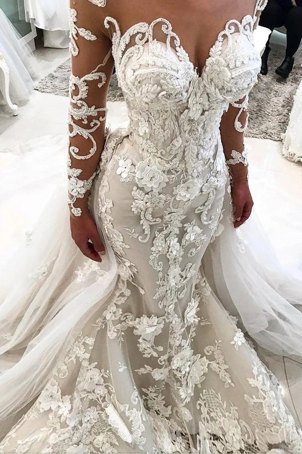 Mermaid Detachable Train Long Sleeves Scoop Wedding Dresses With Applique,MW484