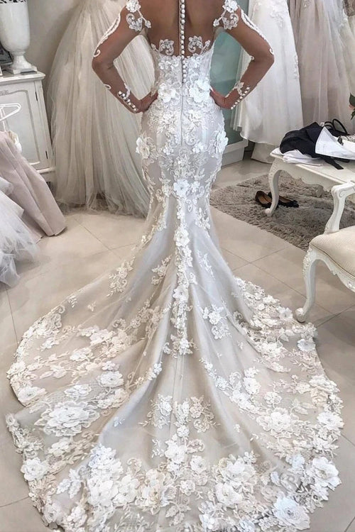 Mermaid Detachable Train Long Sleeves Scoop Wedding Dresses With Applique,MW484 | musebridals.com